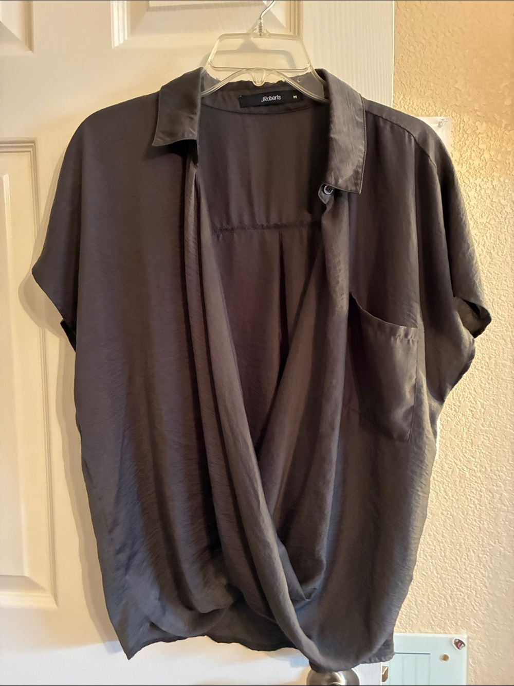 J. Roberts Soft Draped Short-Sleeve Blouse in Charcoal Gray